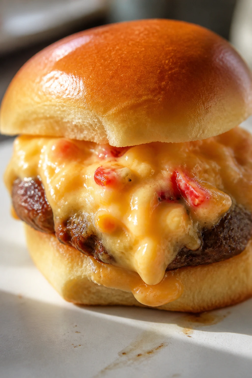 Close-up of Pimento Cheese Slider with creamy cheese melting into beef