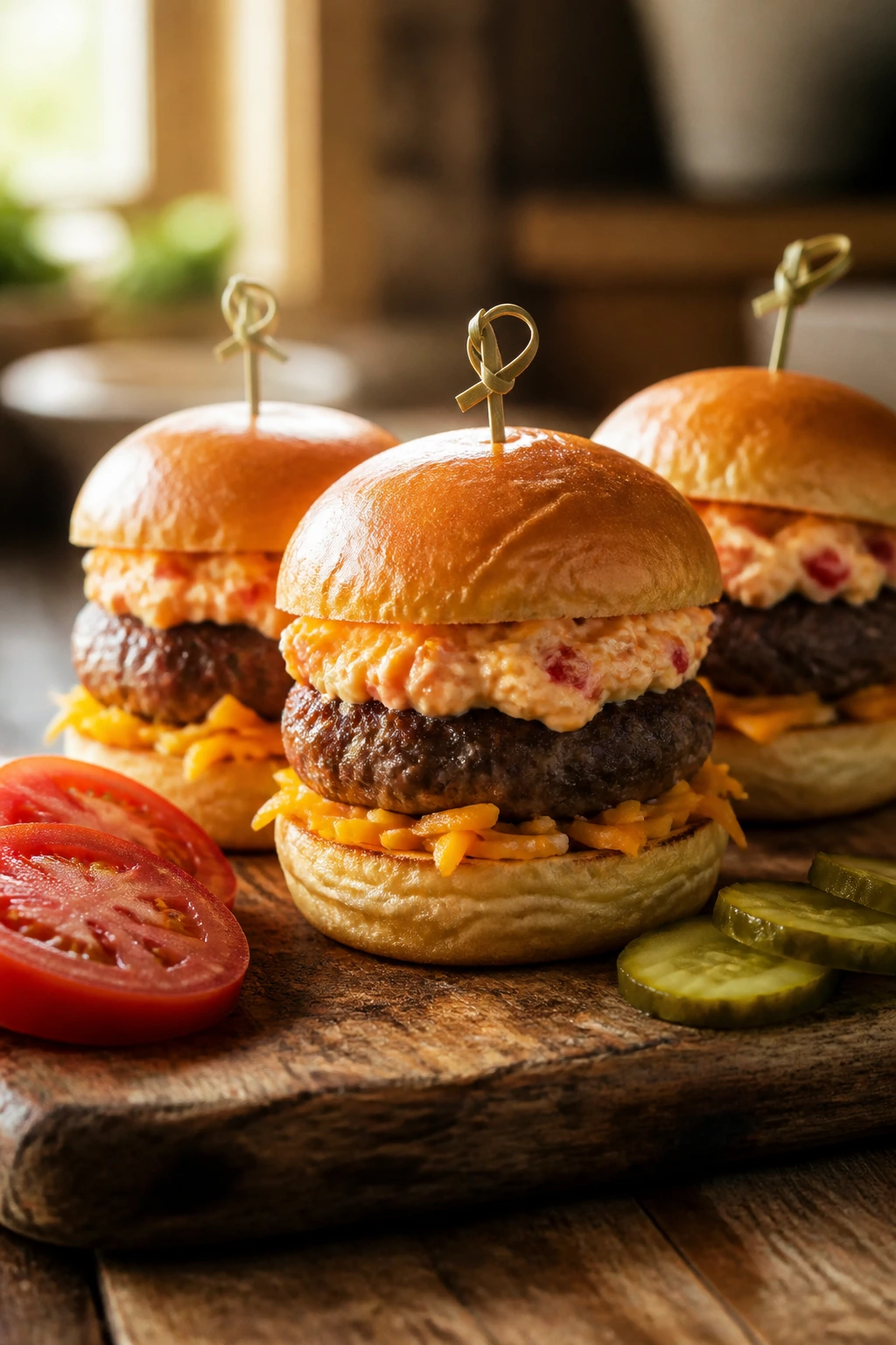 Sliders topped with creamy pimento cheese on a rustic board.