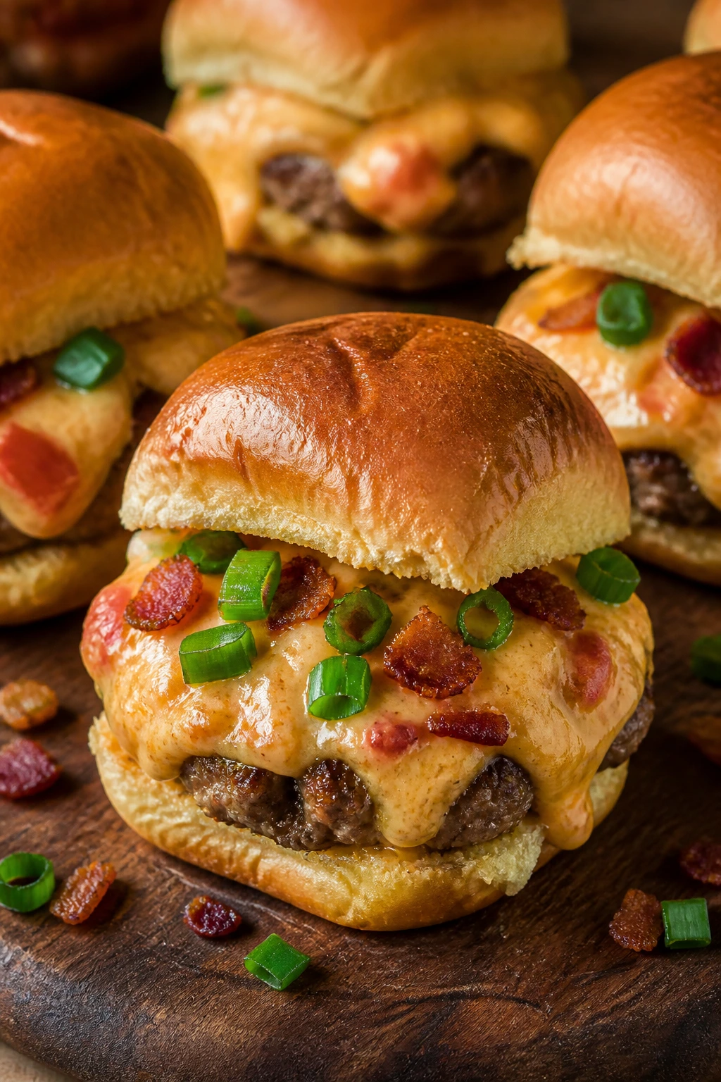 Close-up of Pimento Cheese Sliders with bacon and green onions
