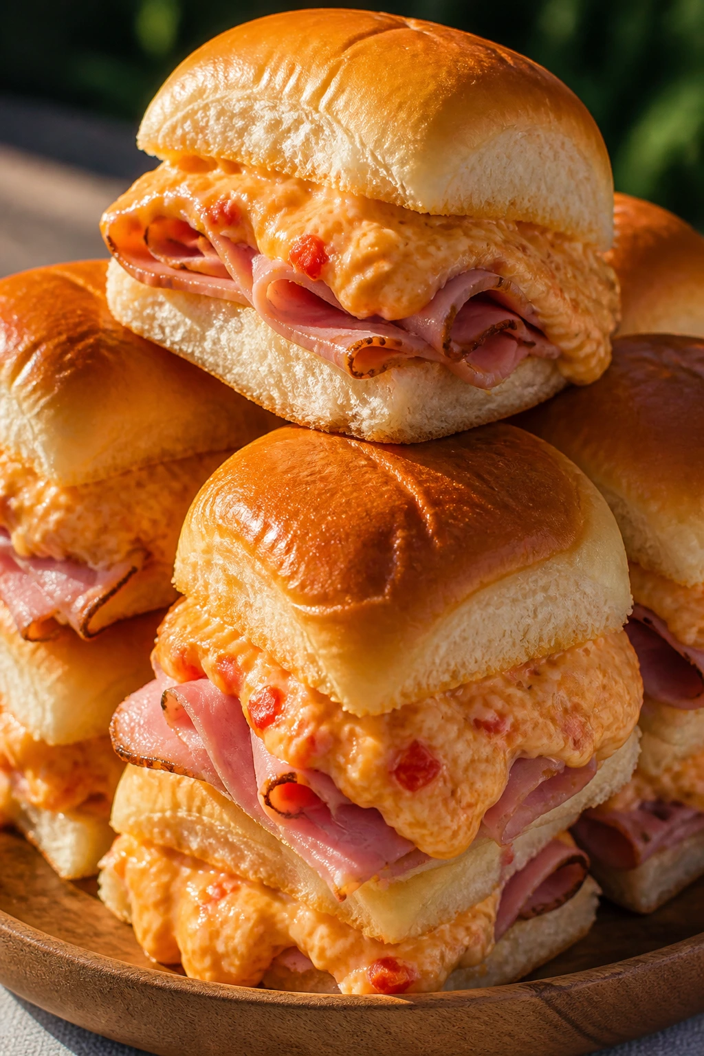 Close-up of pimento cheese ham sliders on a wooden tray outdoors