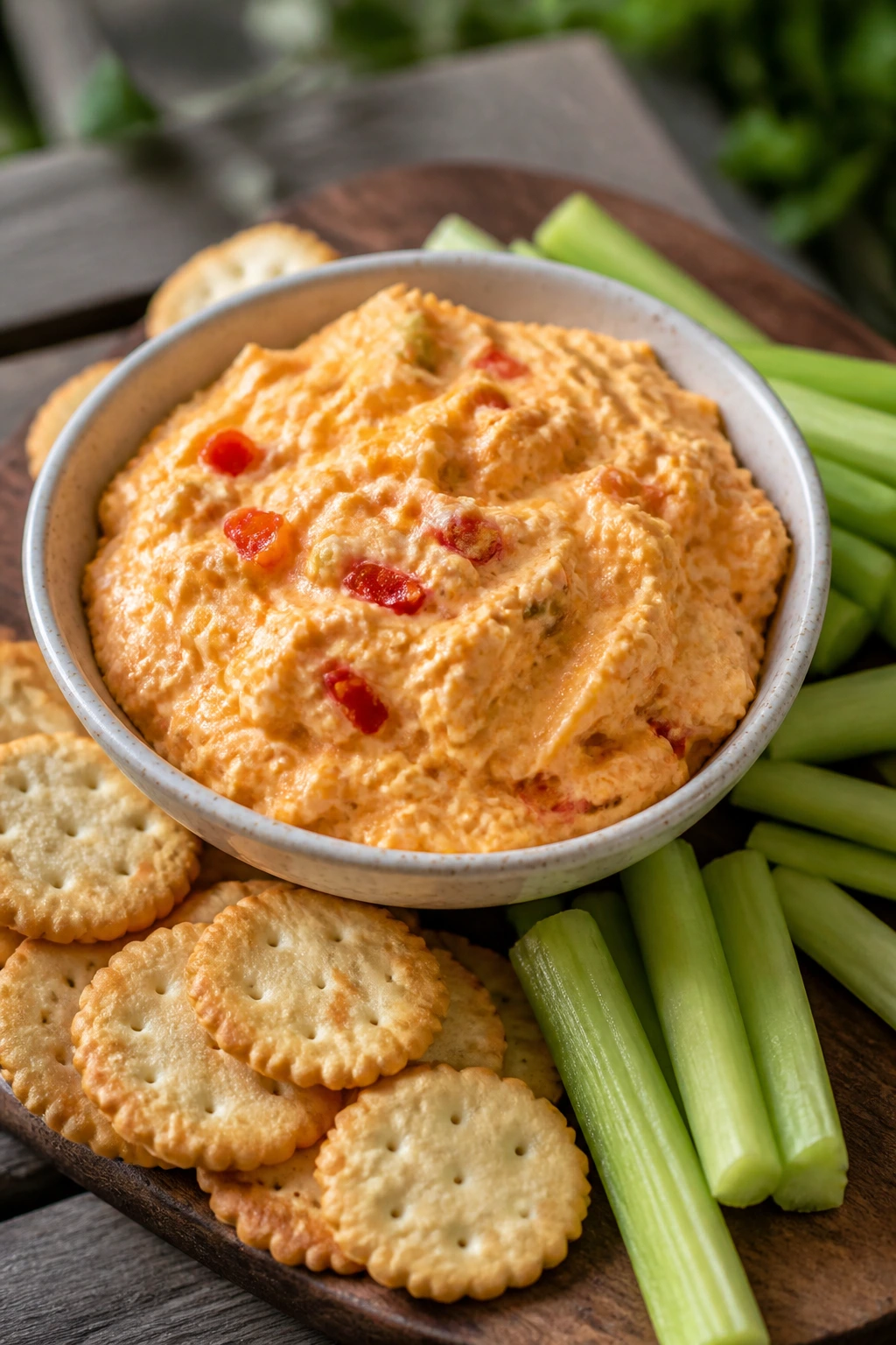 Creamy pimento cheese spread with crackers and celery on a wooden board outdoors