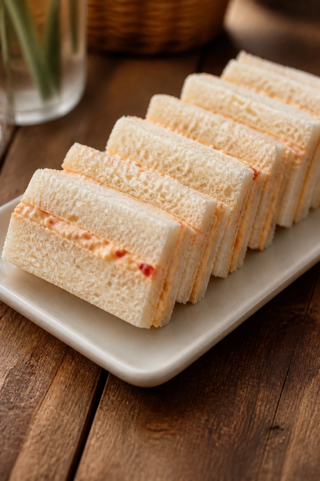 Tiny pimento cheese tea sandwiches on a platter