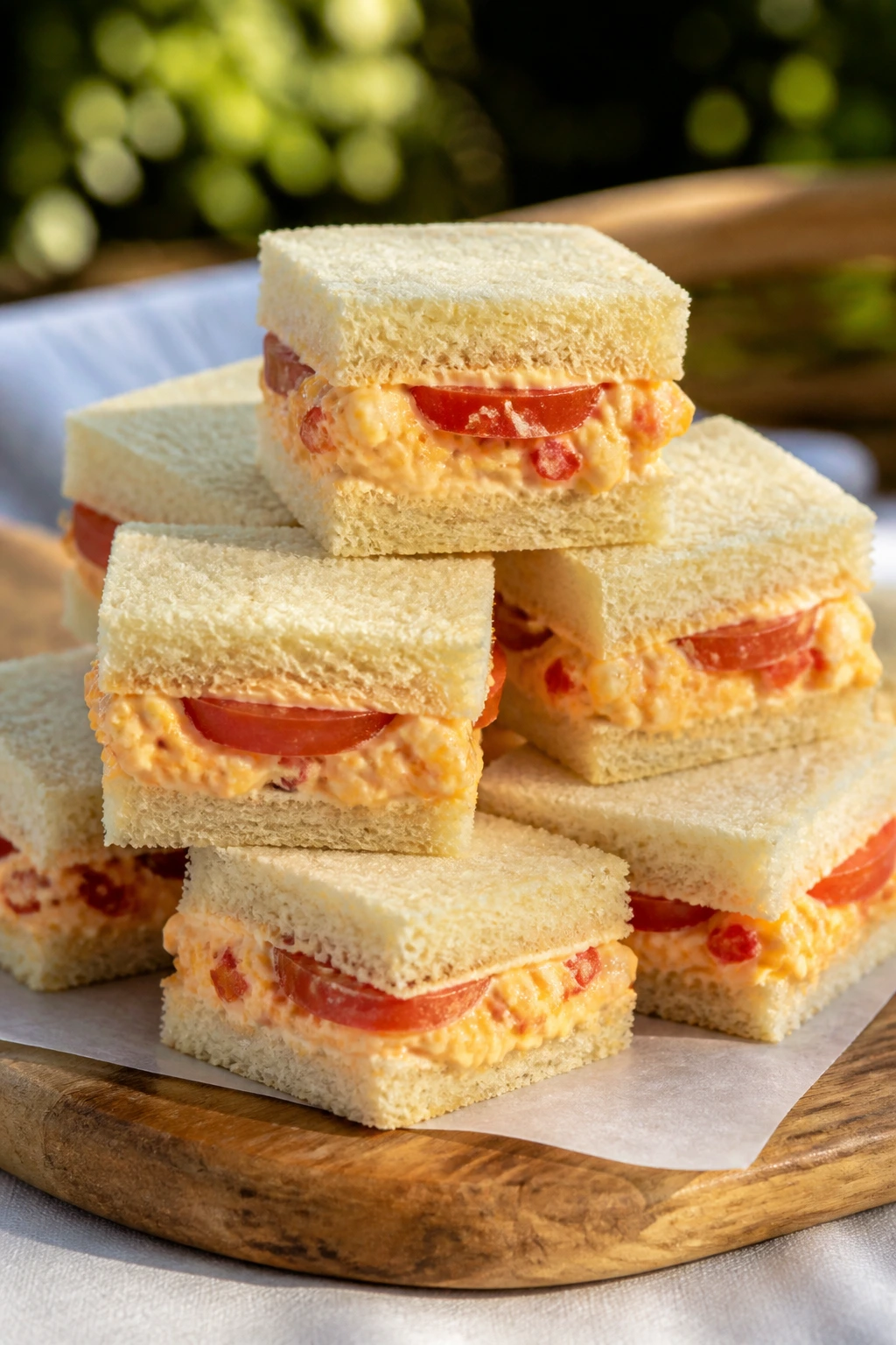Close-up of pimento cheese tea sandwiches with tomato on a wooden board for a picnic