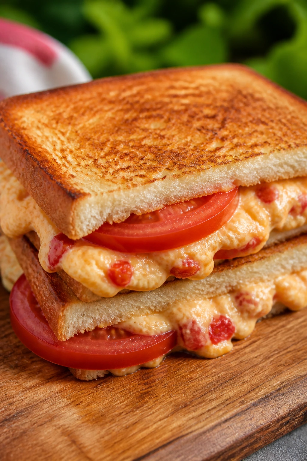 Grilled white bread sandwich with pimento cheese and tomato slices outdoors