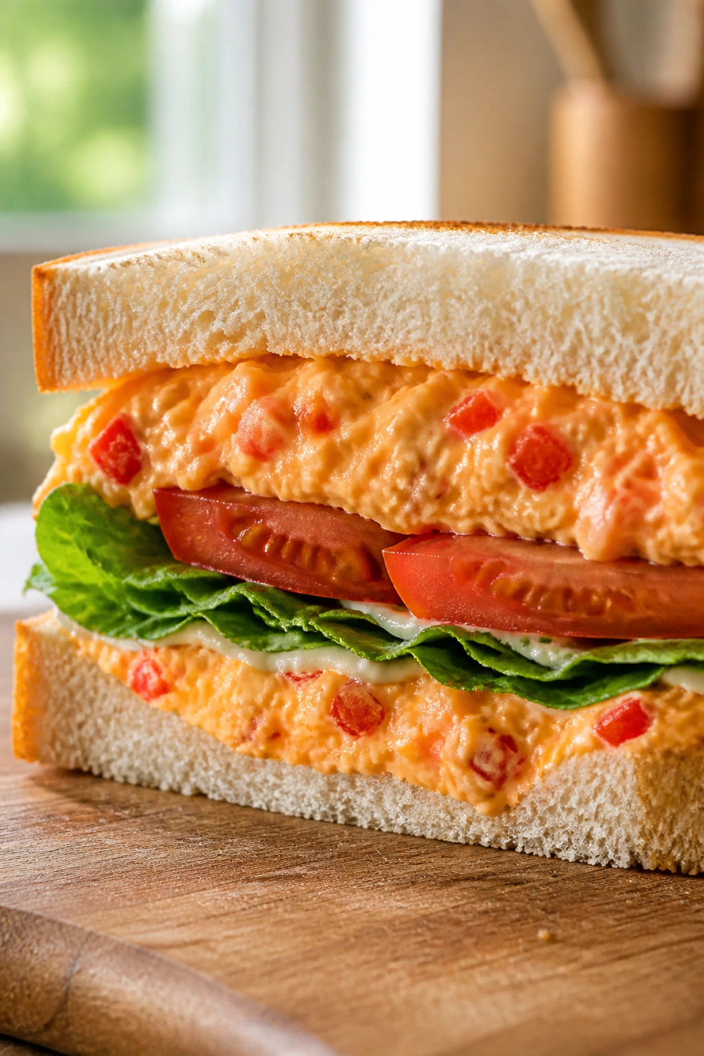 Pimento cheese tomato sandwich cross-section