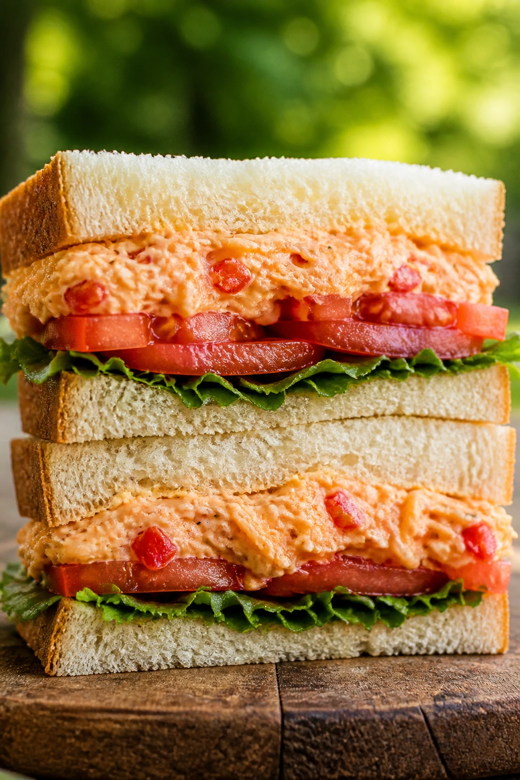 Pimento cheese and tomato sandwich on white bread with lettuce.