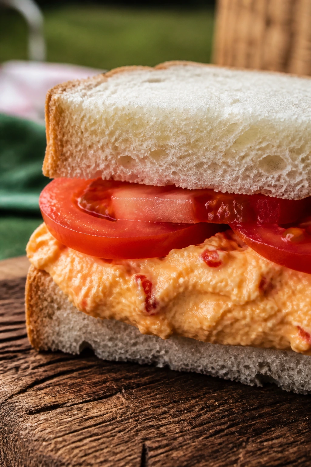 Pimento cheese tomato sandwich half on wooden board outdoors