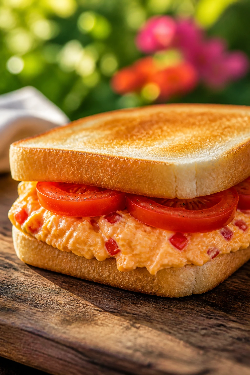 Close-up of a pimento cheese and tomato sandwich on a wooden board in a sunlit outdoor setting