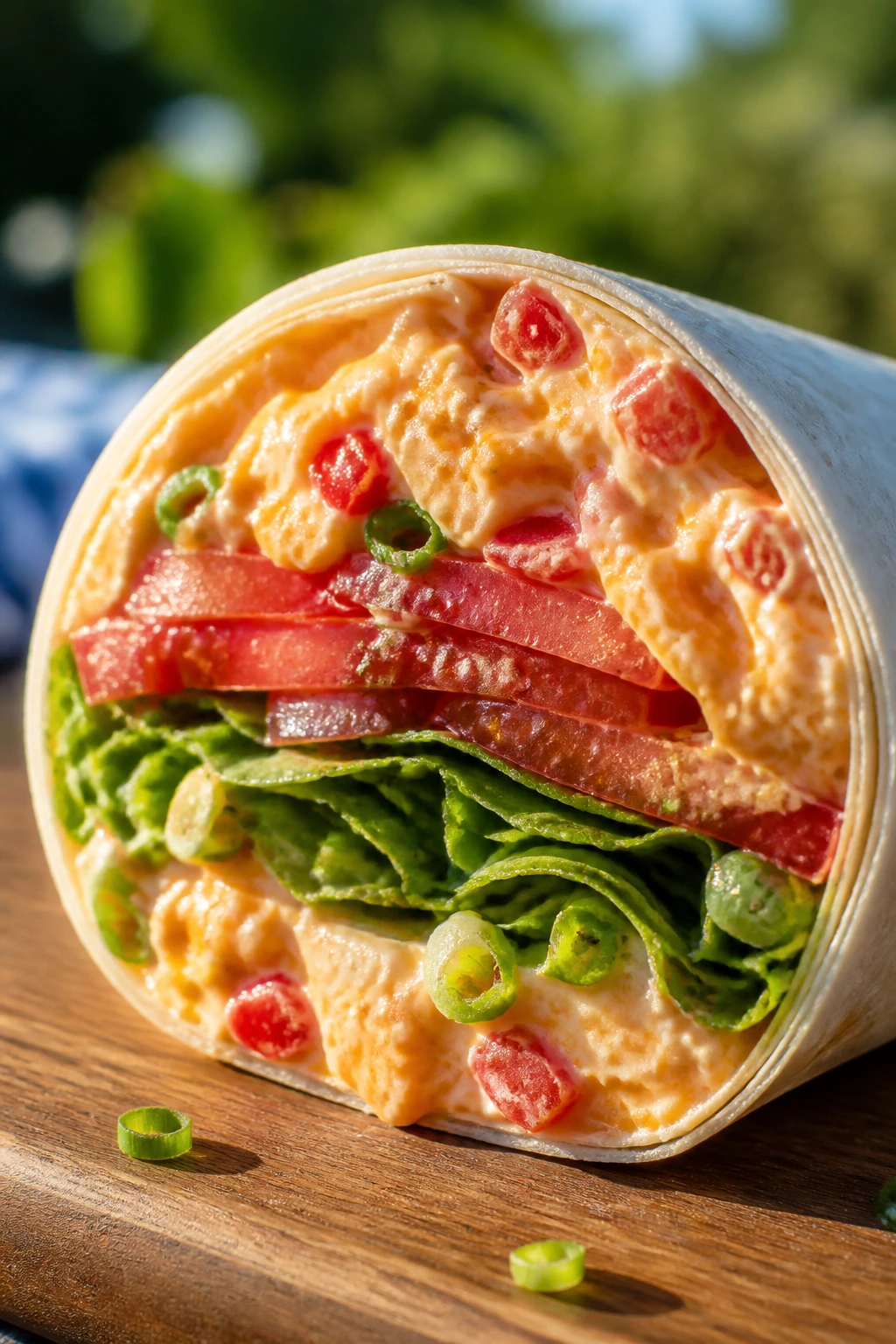 Cross-section of Pimento Cheese Tomato Wrap on a picnic table outdoors