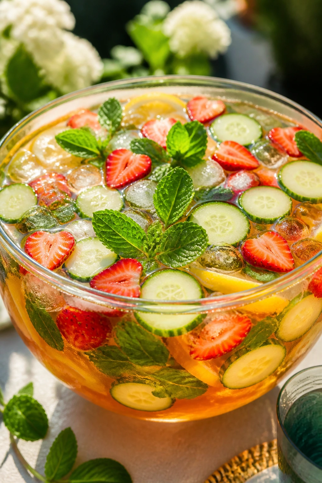 Pimm's style garden punch with cucumber and strawberry in a bowl
