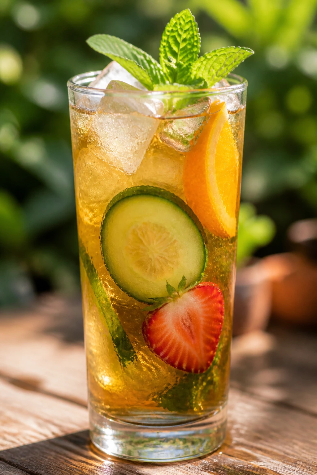 Close-up of a Pimm’s Cup glass with cucumber, strawberry, orange, and mint on a sunlit patio
