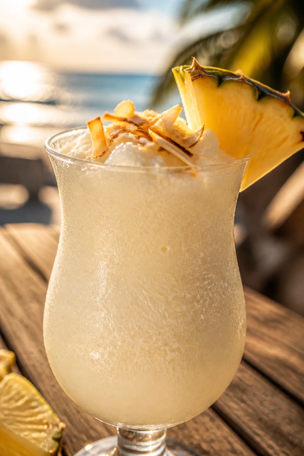 Classic Piña Colada in a thick frozen form with pineapple garnish
