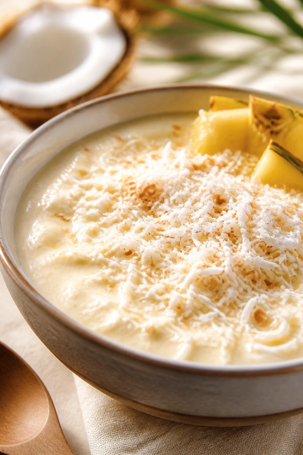Piña Colada variation tropical smoothie bowl with coconut yogurt and shredded coconut