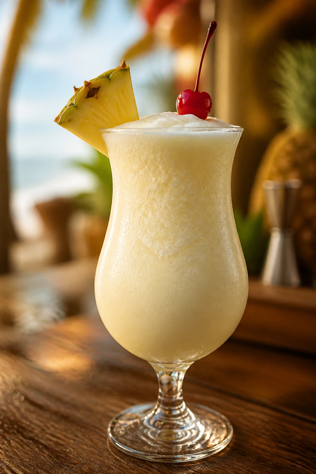 Close-up Piña Colada in a frosty glass with pineapple garnish