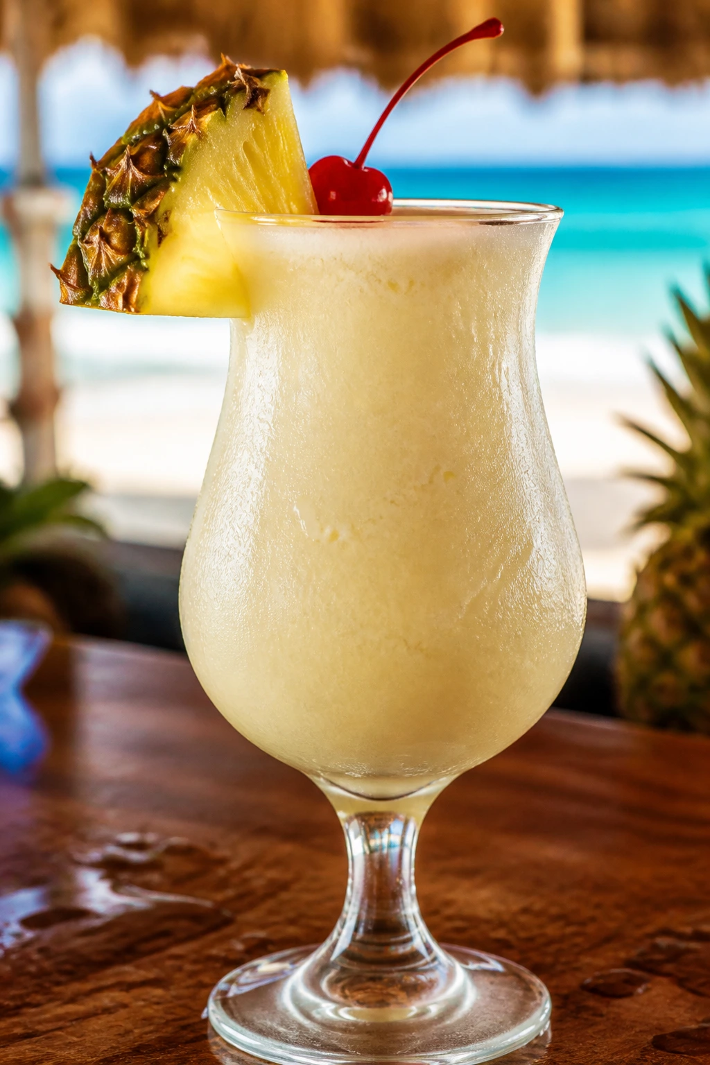 Piña Colada in a hurricane glass with pineapple garnish on a tropical beach bar