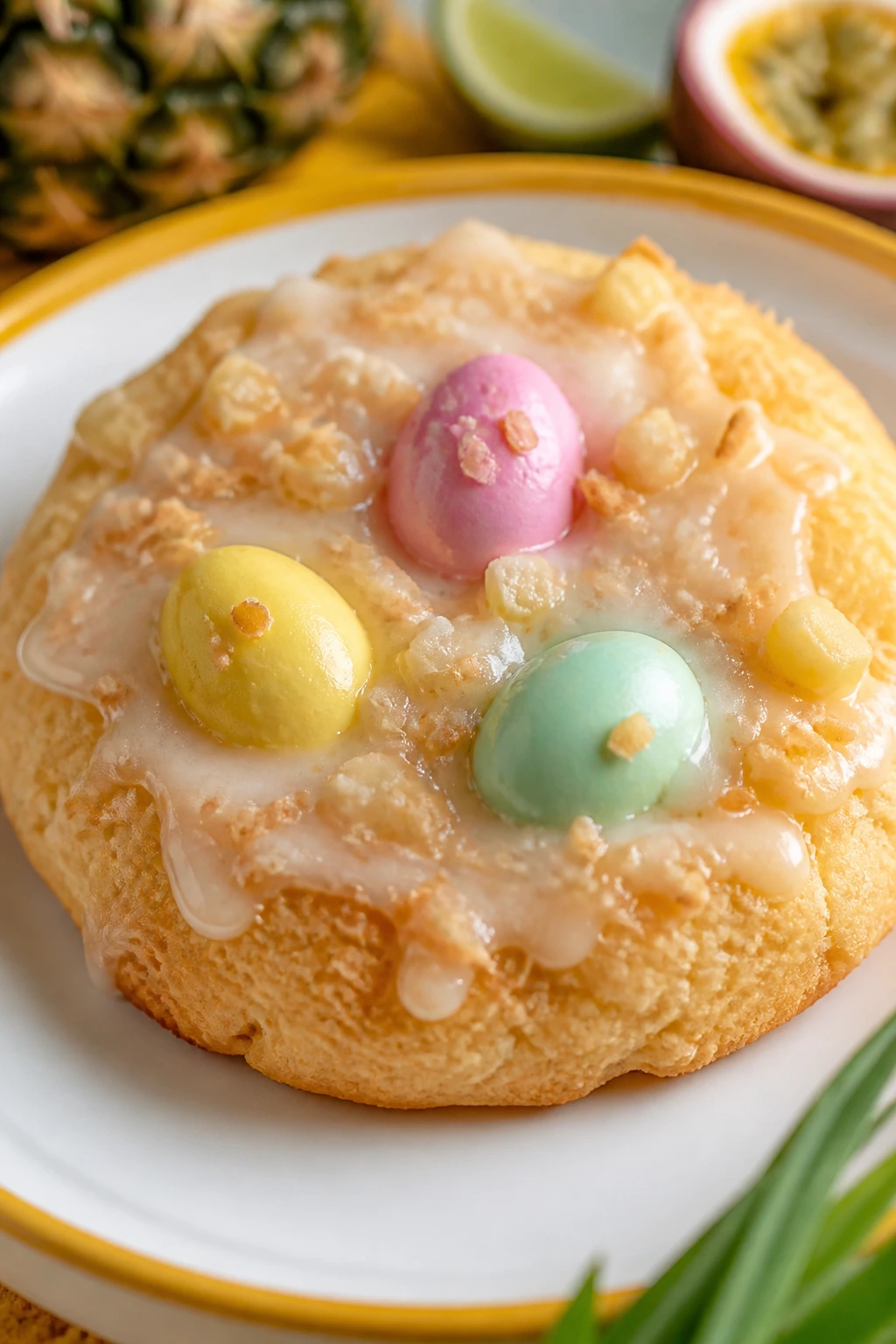 Close-up of pineapple coconut Easter cookie on bright plate