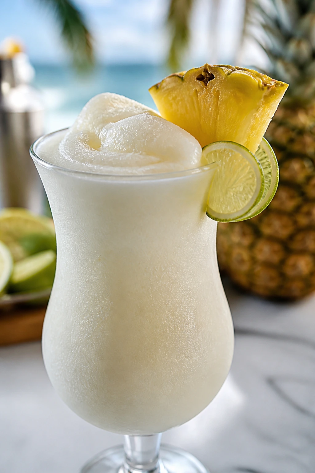 Frozen Piña Colada in a frosty glass with pineapple and lime
