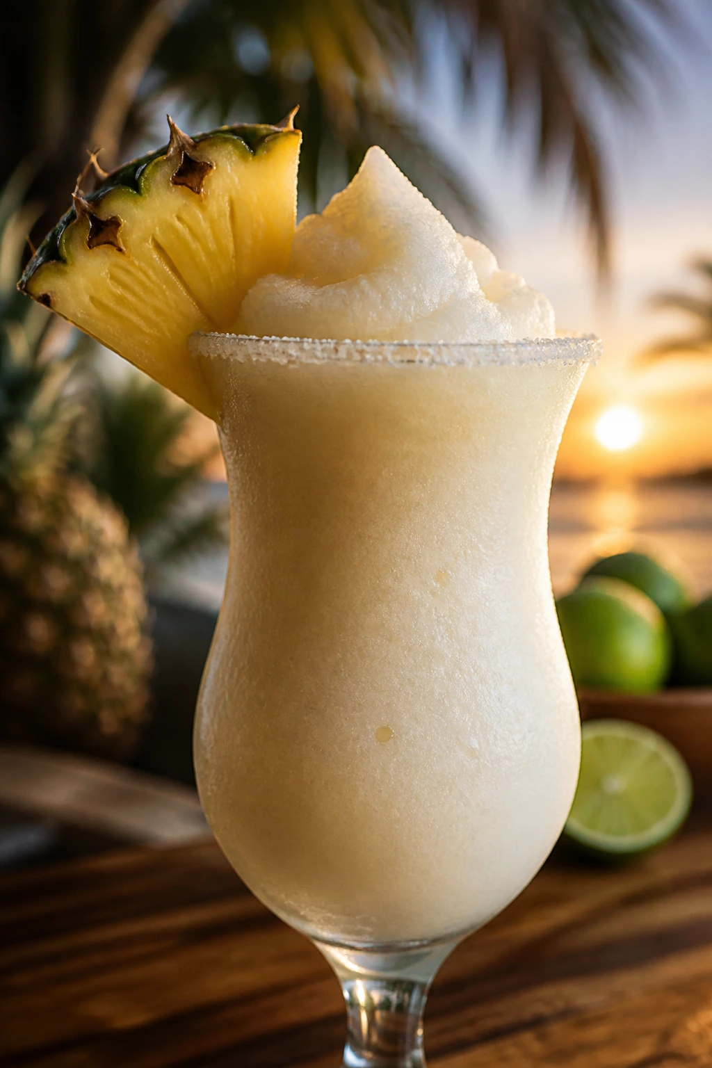 Close-up of Frozen Piña Colada in a frosty glass with pineapple wedge