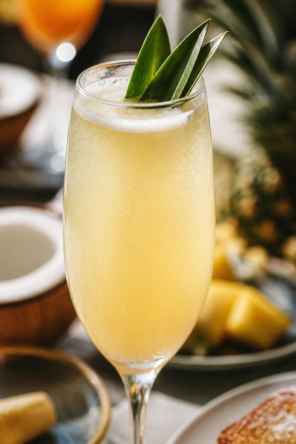 Piña Colada Mimosa close-up with coconut and pineapple garnish