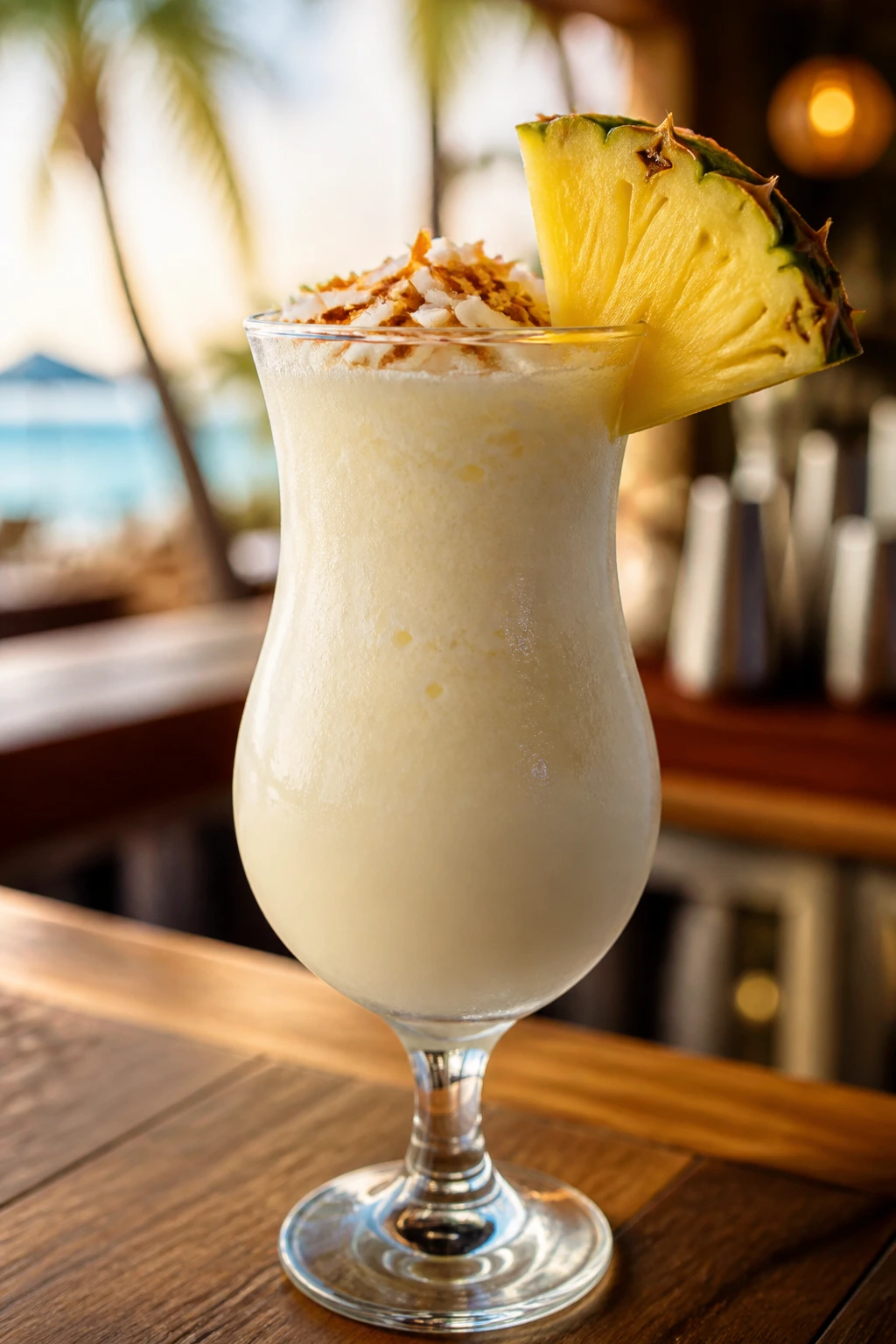 Close-up of a piña colada mocktail in a frosty glass with pineapple wedge