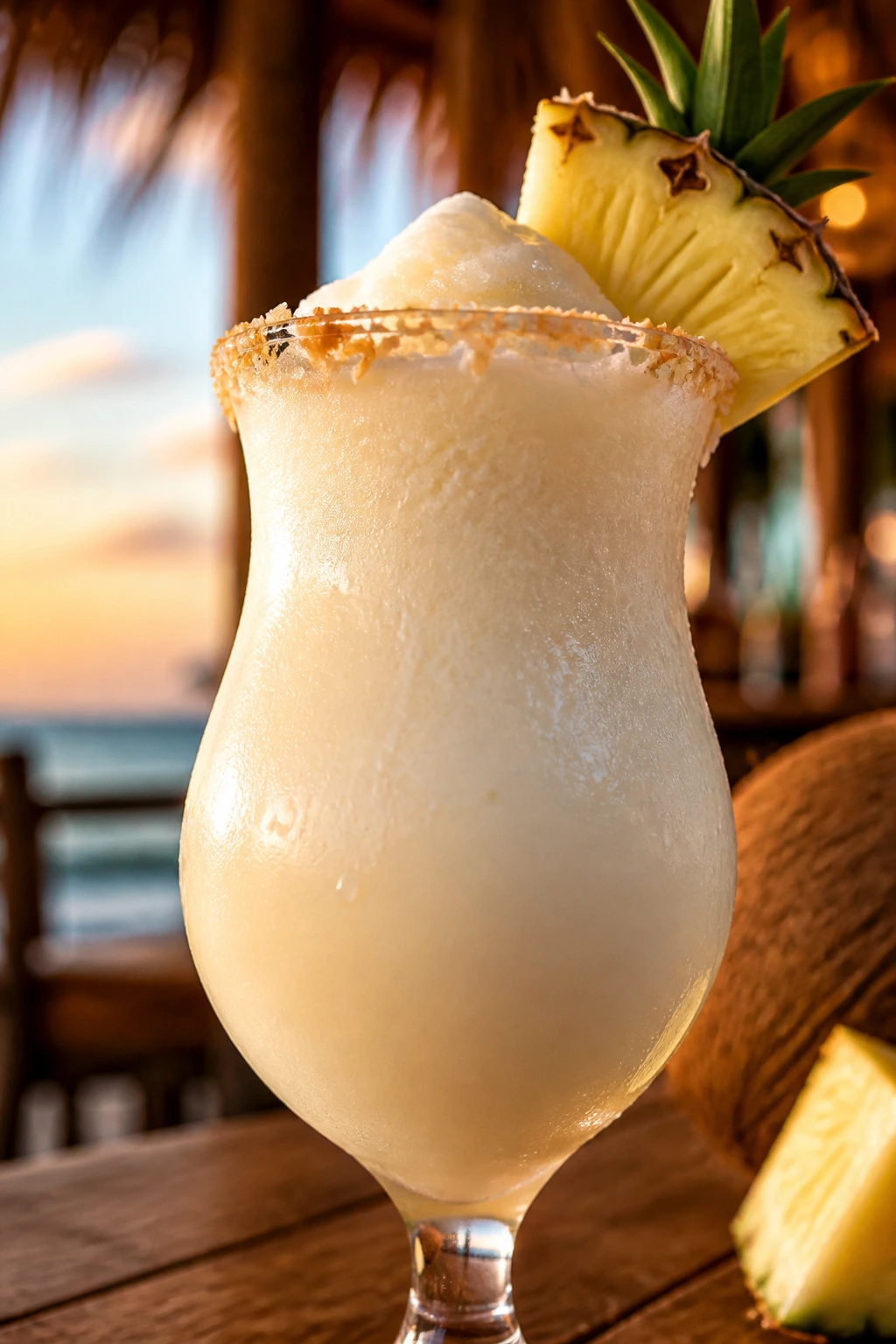 Frozen Piña Colada in a hurricane glass with pineapple garnish
