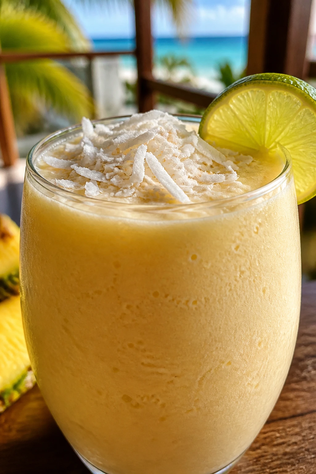 Virgin Pina Colada Smoothie in pale gold glass with coconut topping and lime on beachside balcony.