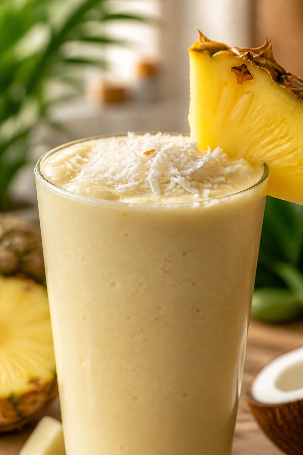 Pina colada smoothie with coconut garnish in a glass