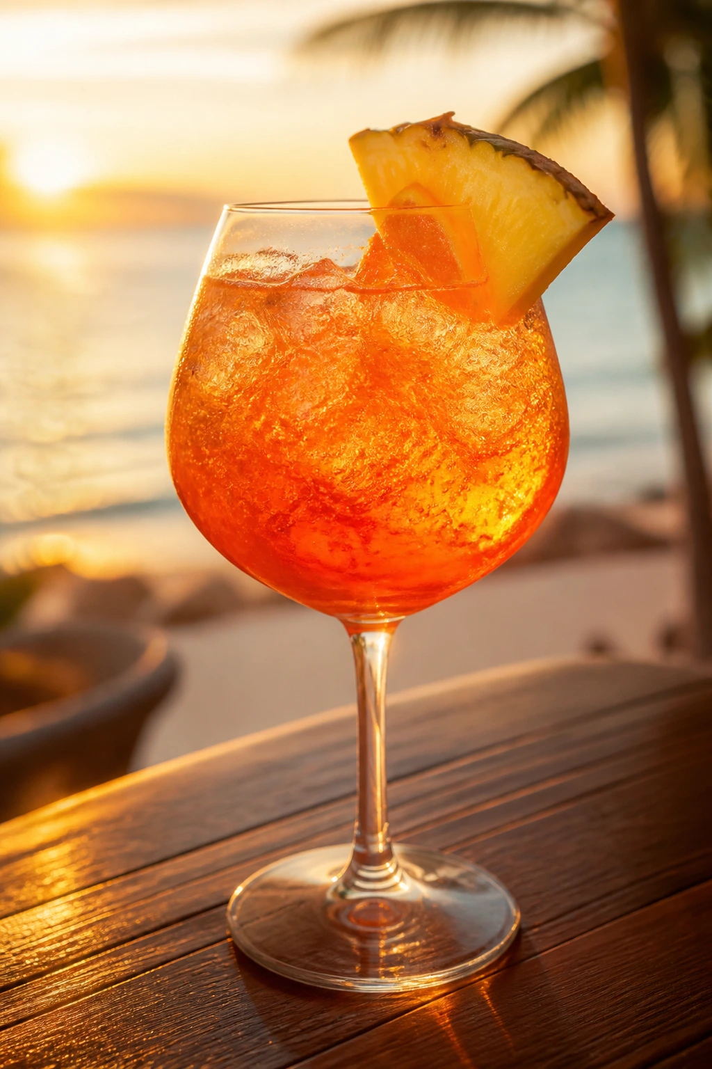 Pineapple Aperol Spritz in wine glass with garnish