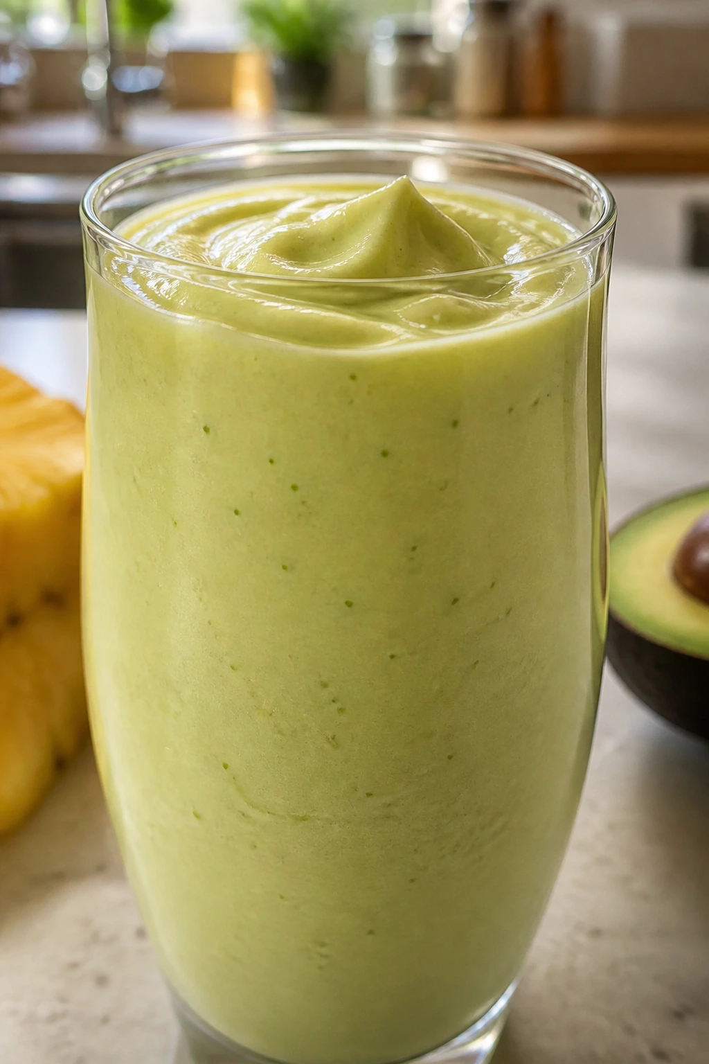 Creamy Pineapple Avocado Silk smoothie in glass with smooth texture