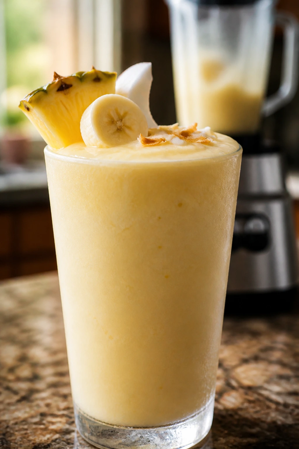 Close-up of Pineapple Banana Colada Smoothie in glass on kitchen counter