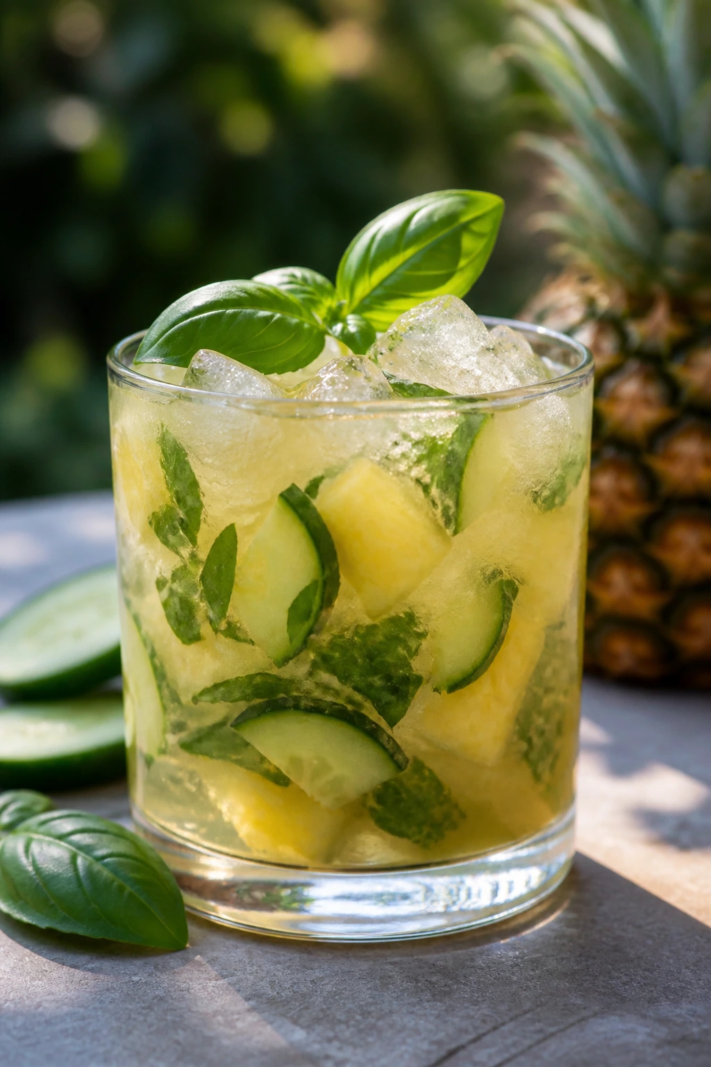 Pineapple basil gin smash in a rocks glass on garden patio