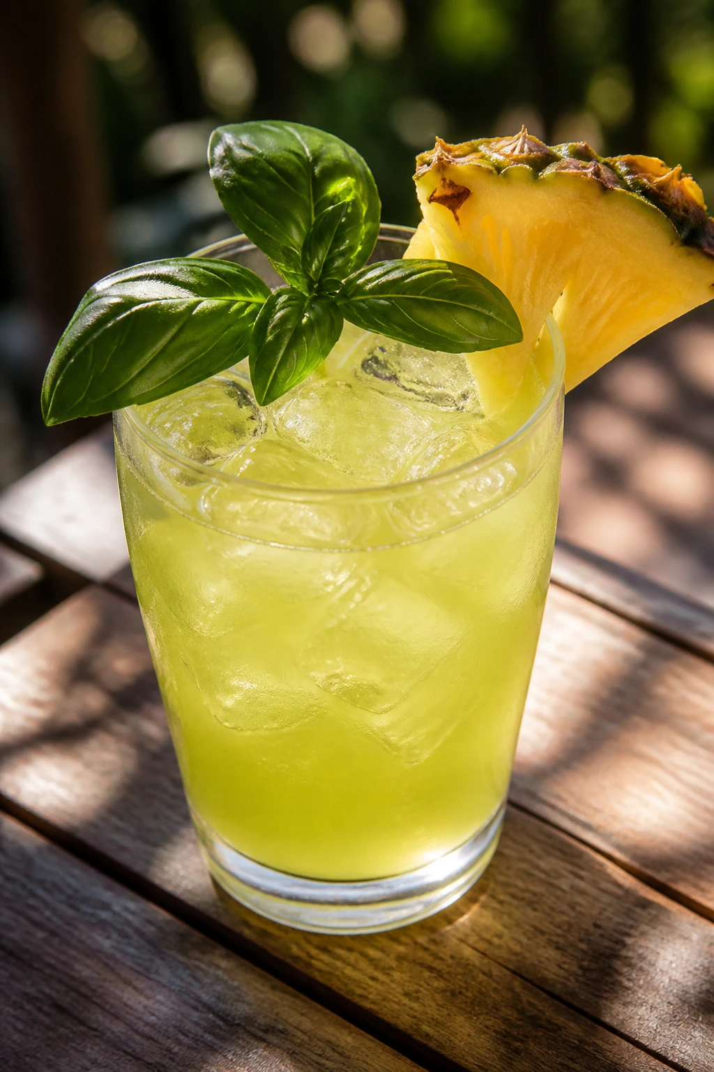 Close-up of Pineapple Basil Green Tea in a glass with pineapple slice and basil leaf on a sunlit outdoor table