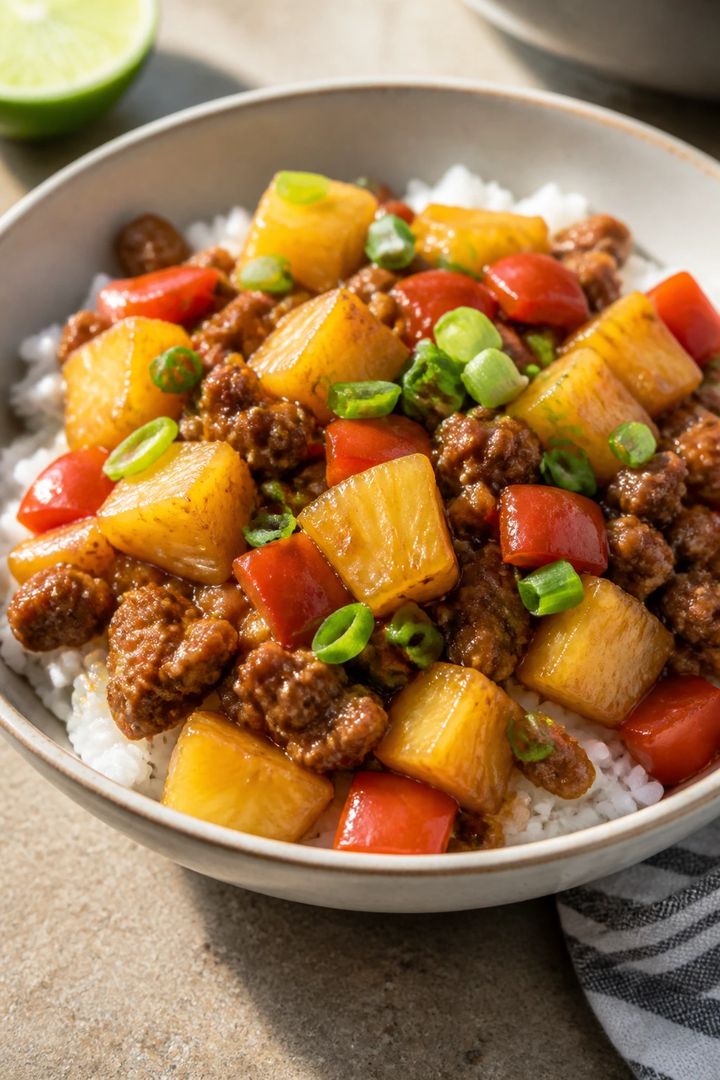 Beef pineapple rice bowl with peppers and rice