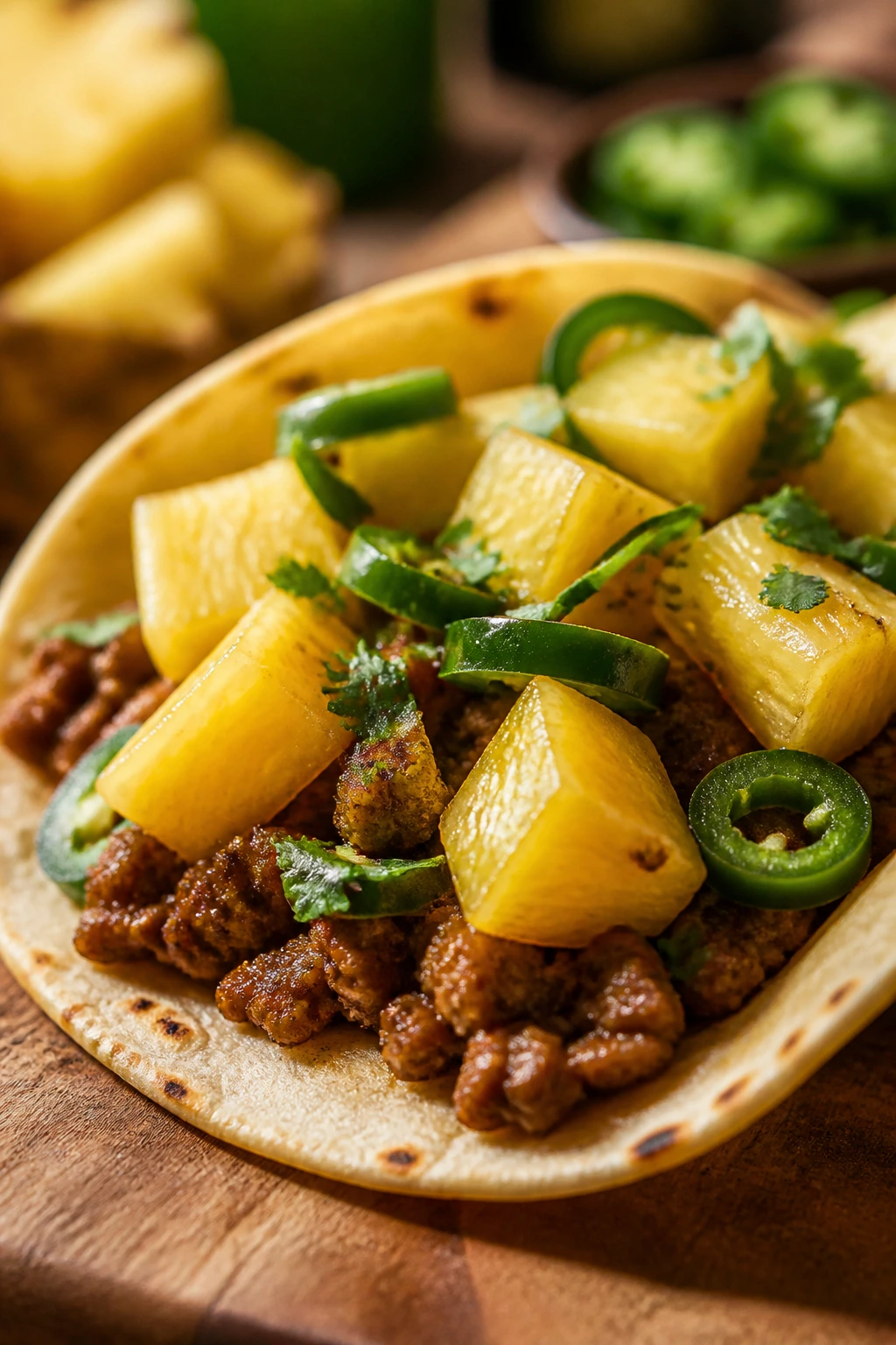 Beef taco with pineapple and jalapeño toppings