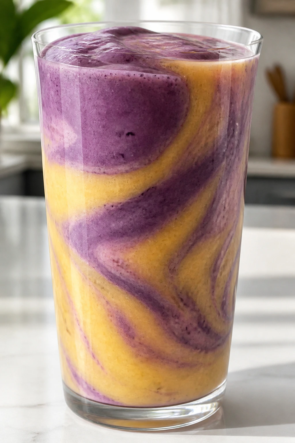 Close-up of a Pineapple Blueberry Swirl smoothie in a glass on a kitchen counter