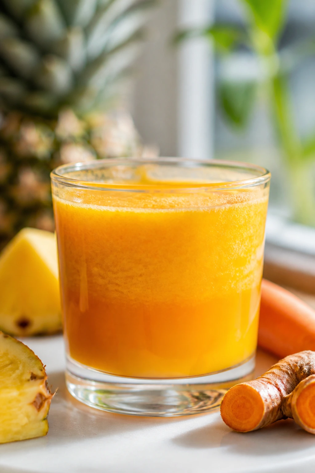 Glass of pineapple carrot turmeric juice with a warm golden hue