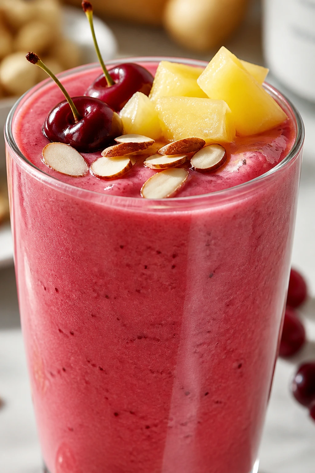 Close-up of a Pineapple Cherry Almond smoothie in a glass on a kitchen counter