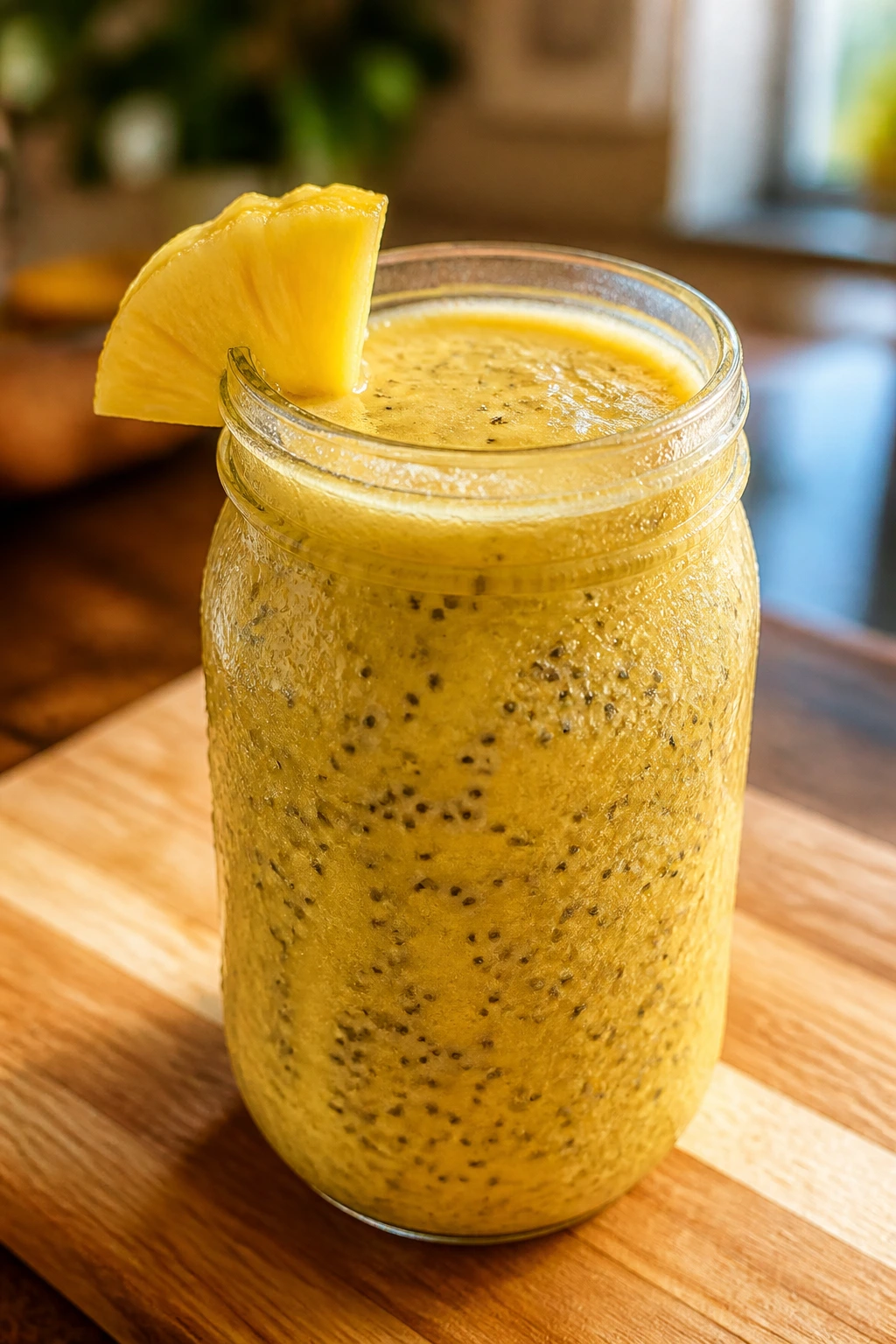 Pineapple Chia Chiller smoothie in a jar with chia seeds, sunlit kitchen