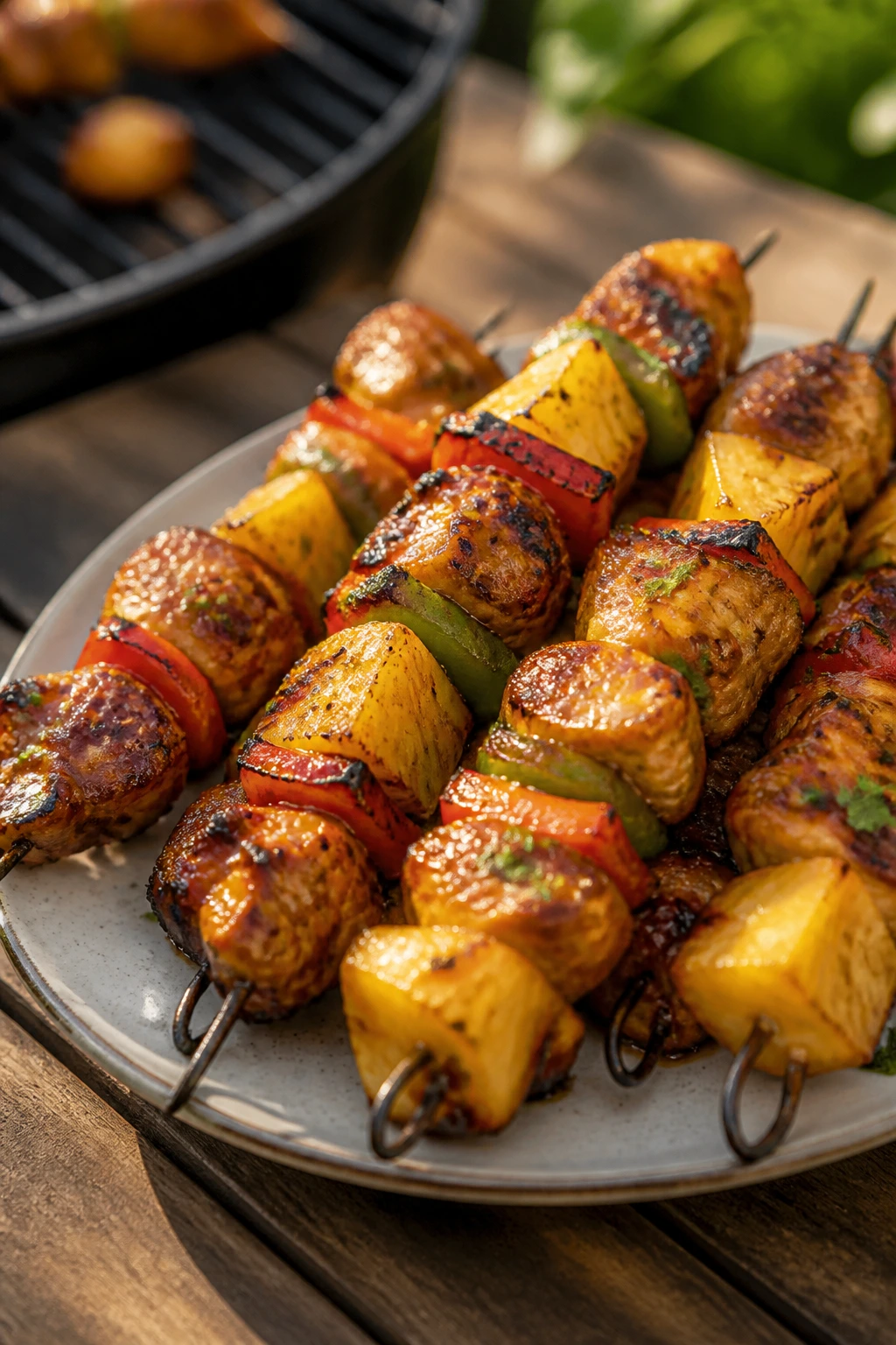 Close-up of pineapple chicken skewers with peppers on a grill
