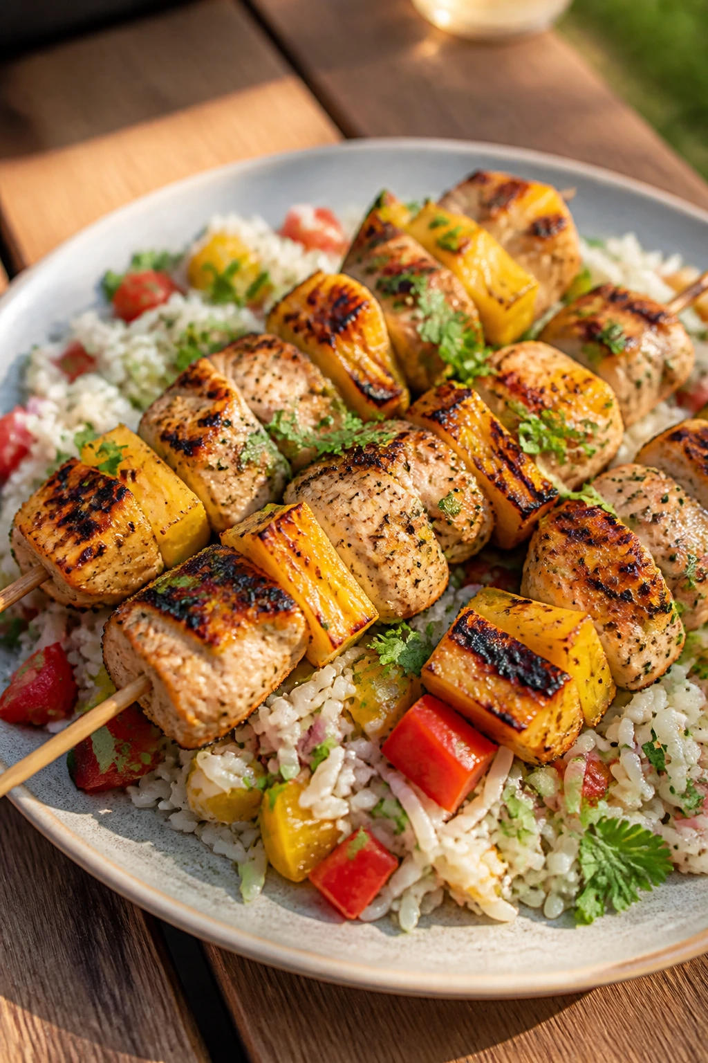 Close-up of Pineapple Chicken Skewers with Rice Salad on a plate outdoors