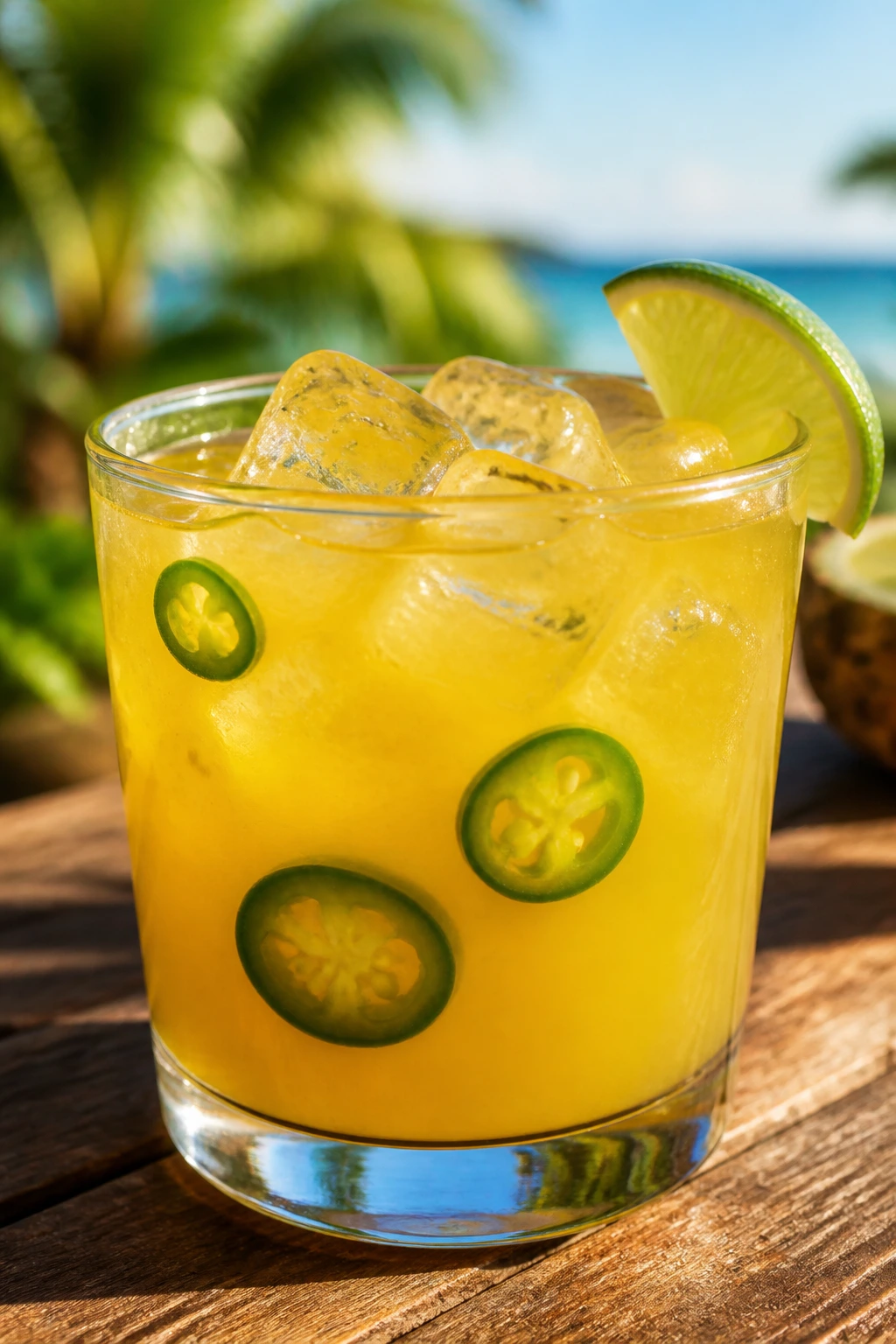 Close-up of pineapple-chili rum punch in a glass on a sunny outdoor table