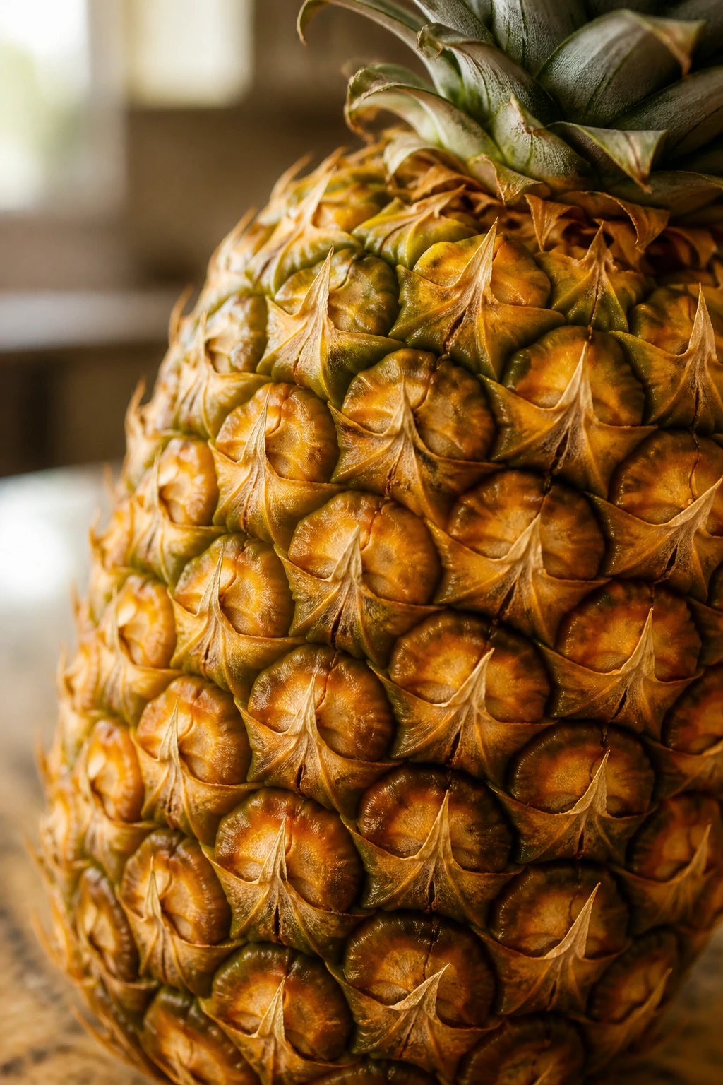 Close-up of a ripe pineapple filling the frame in a warm kitchen