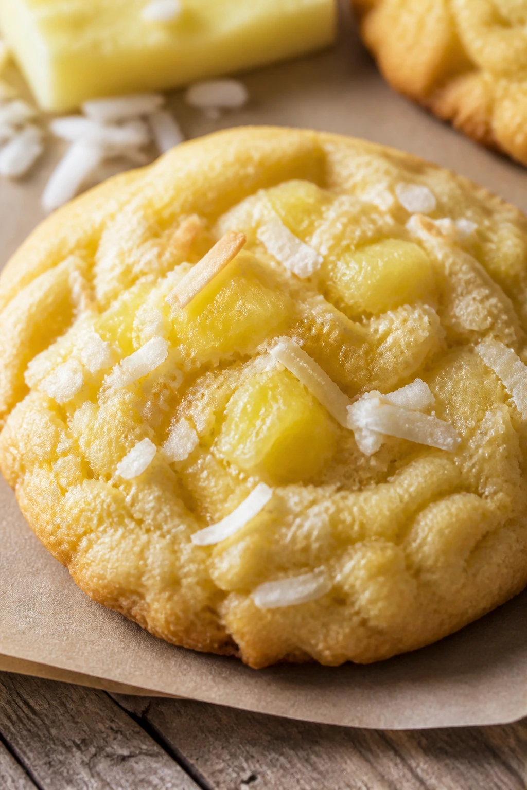 Close-up of a Pineapple Coconut Sunshine Cookie with pineapple chunks and coconut on a rustic surface