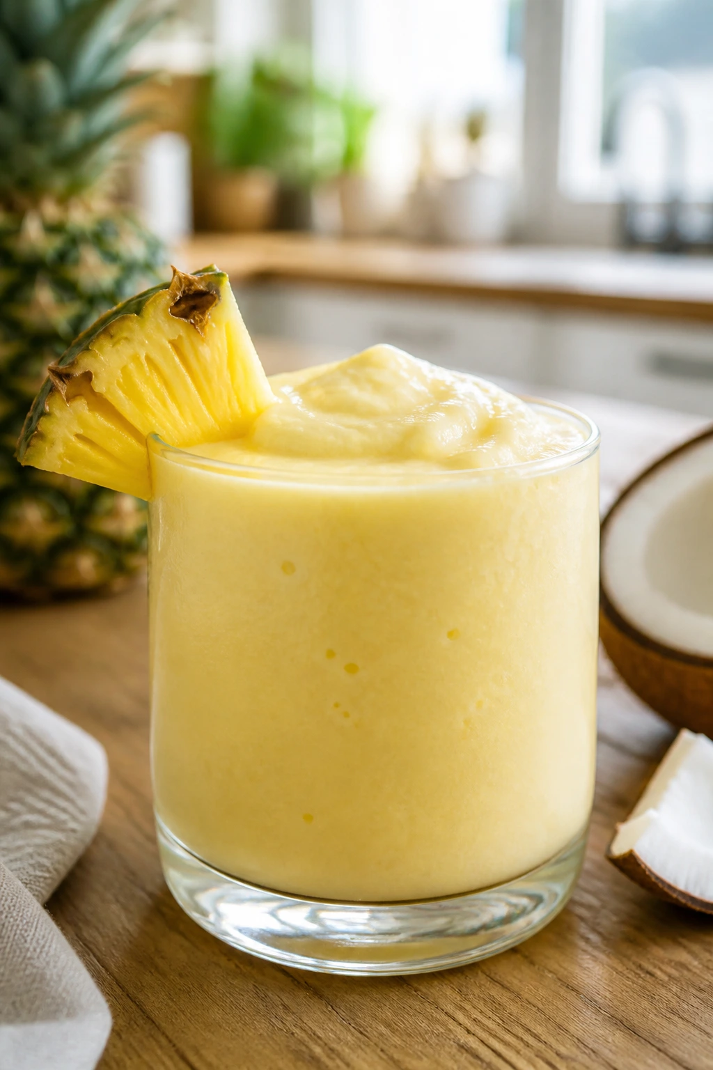 Thick Pineapple Coconut Cream smoothie in a short glass
