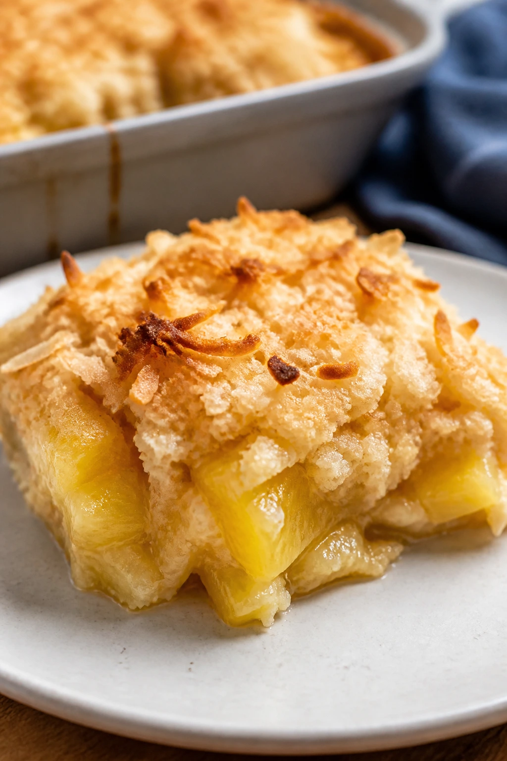 Square of pineapple coconut dump cake on plate