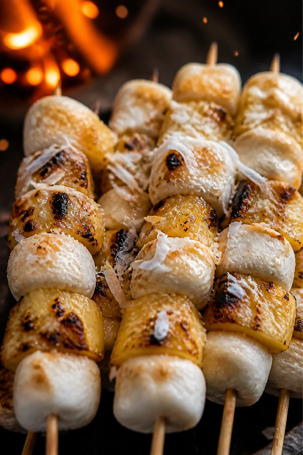 Close-up pineapple coconut marshmallow skewers over a campfire