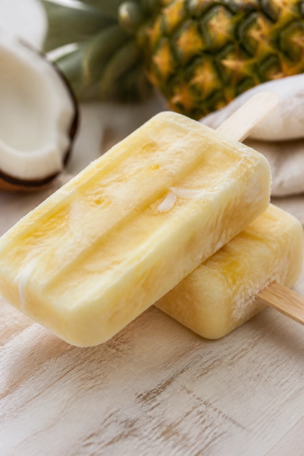 Two pineapple-coconut pops on a light wooden surface glowing with natural light