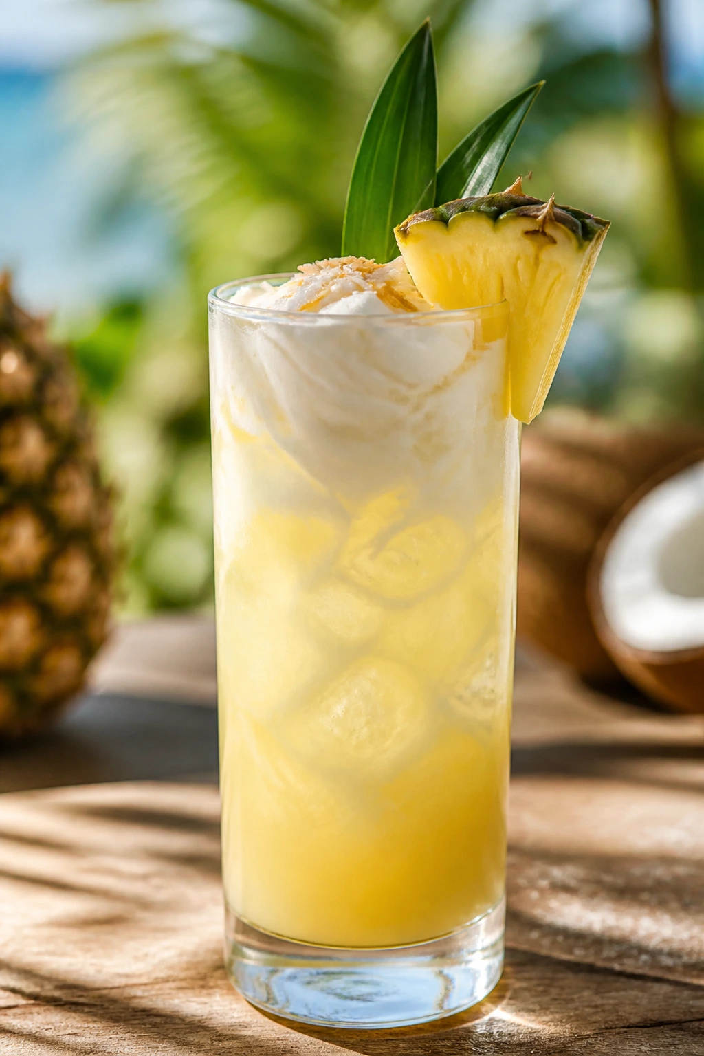 Tall glass of pineapple coconut rum punch with pineapple garnish on a sunlit wooden table