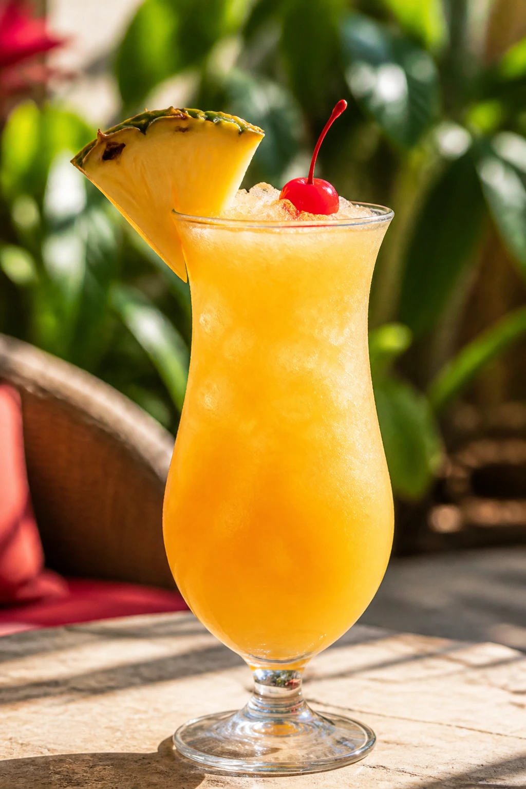 Close-up of pineapple coconut rum punch in a tall glass on a sunlit patio