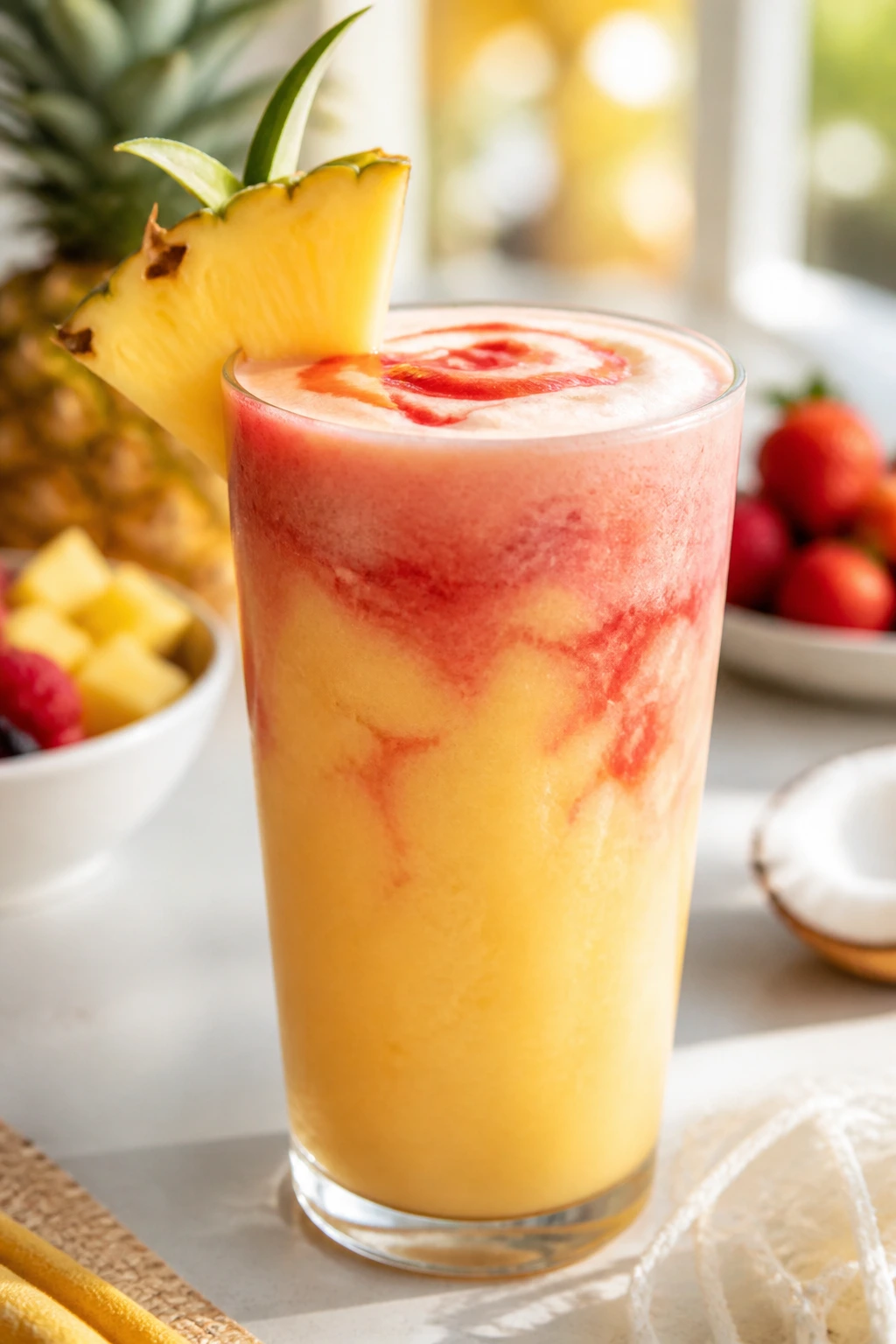 Pineapple coconut sunrise smoothie with strawberry swirl in a tall glass on a bright kitchen counter